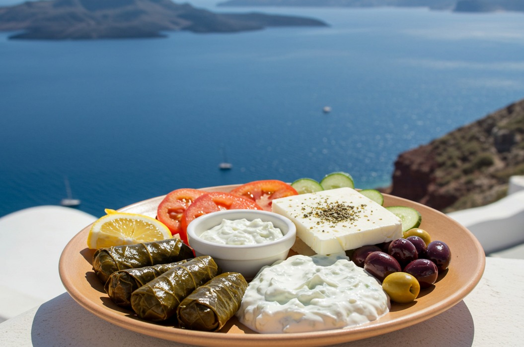 Greek Meze Plate with White Buildings and Blue Sea
